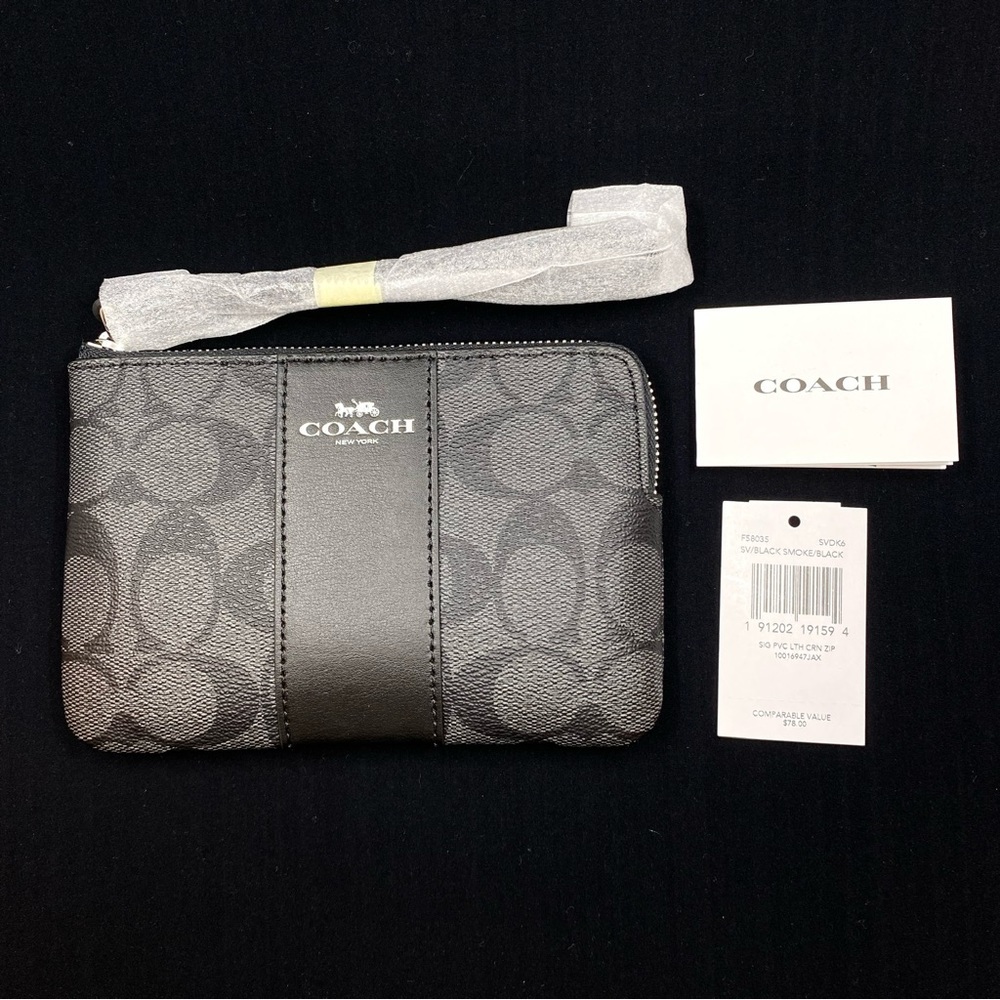 NWT Coach Signature Canvas Corner Zip Wristlet in Beautiful Silver & Black Smoke